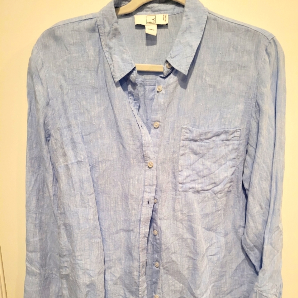 New Powder blue linen blend button down